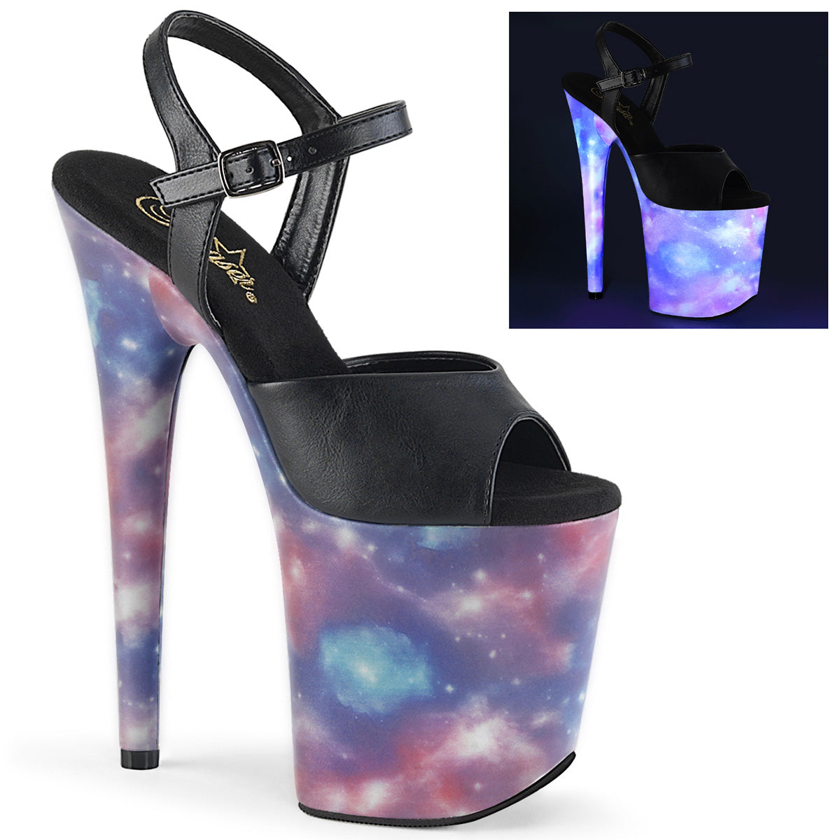 Pleaser Sandales pour femmes FLAMINGO-809refl Blk Faux Cuir / Violet-Bleu Reflective