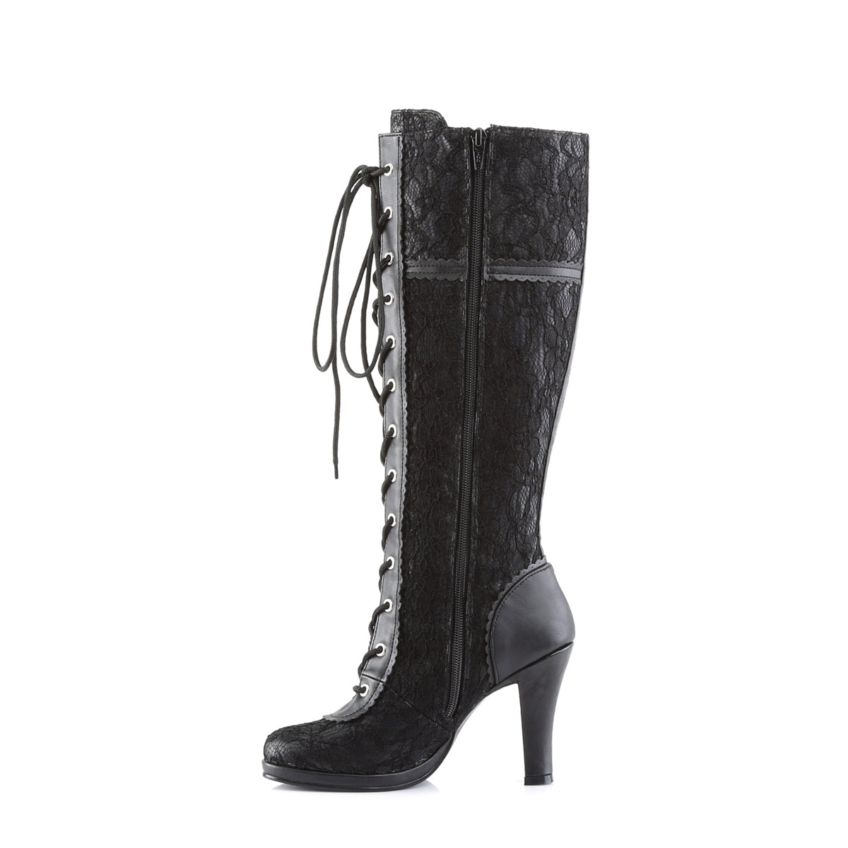 DemoniaCult Womens Boots GLAM-240 Blk Vegan Leather-Blk Lace Overlay