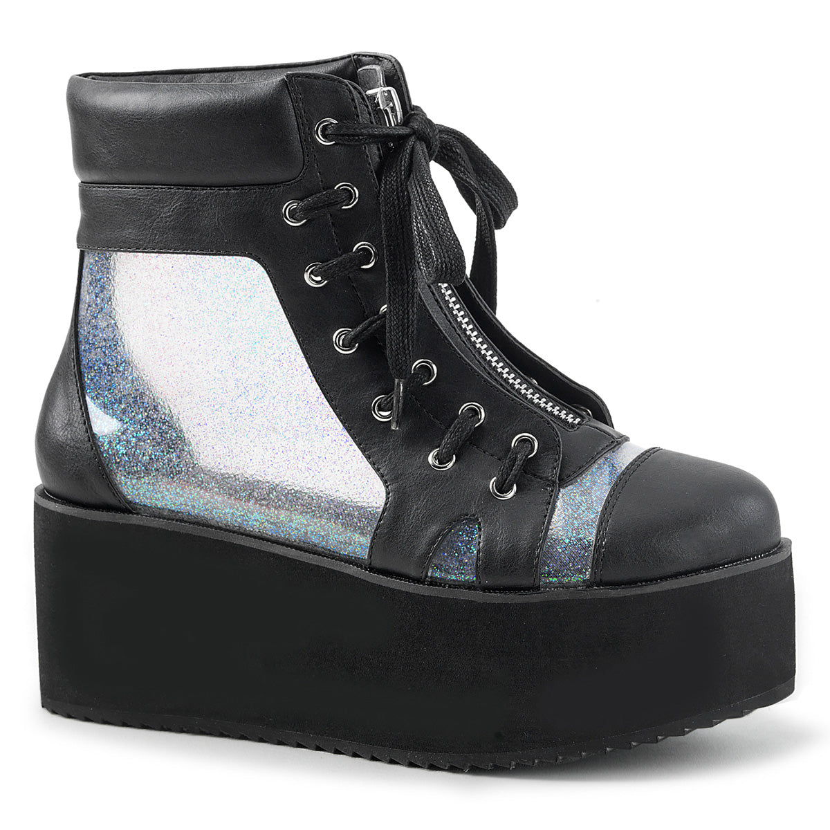 DemoniaCult Bottes de cheville des femmes GRIP-102 Blk Vegan Leather-Clr Hologram TPU