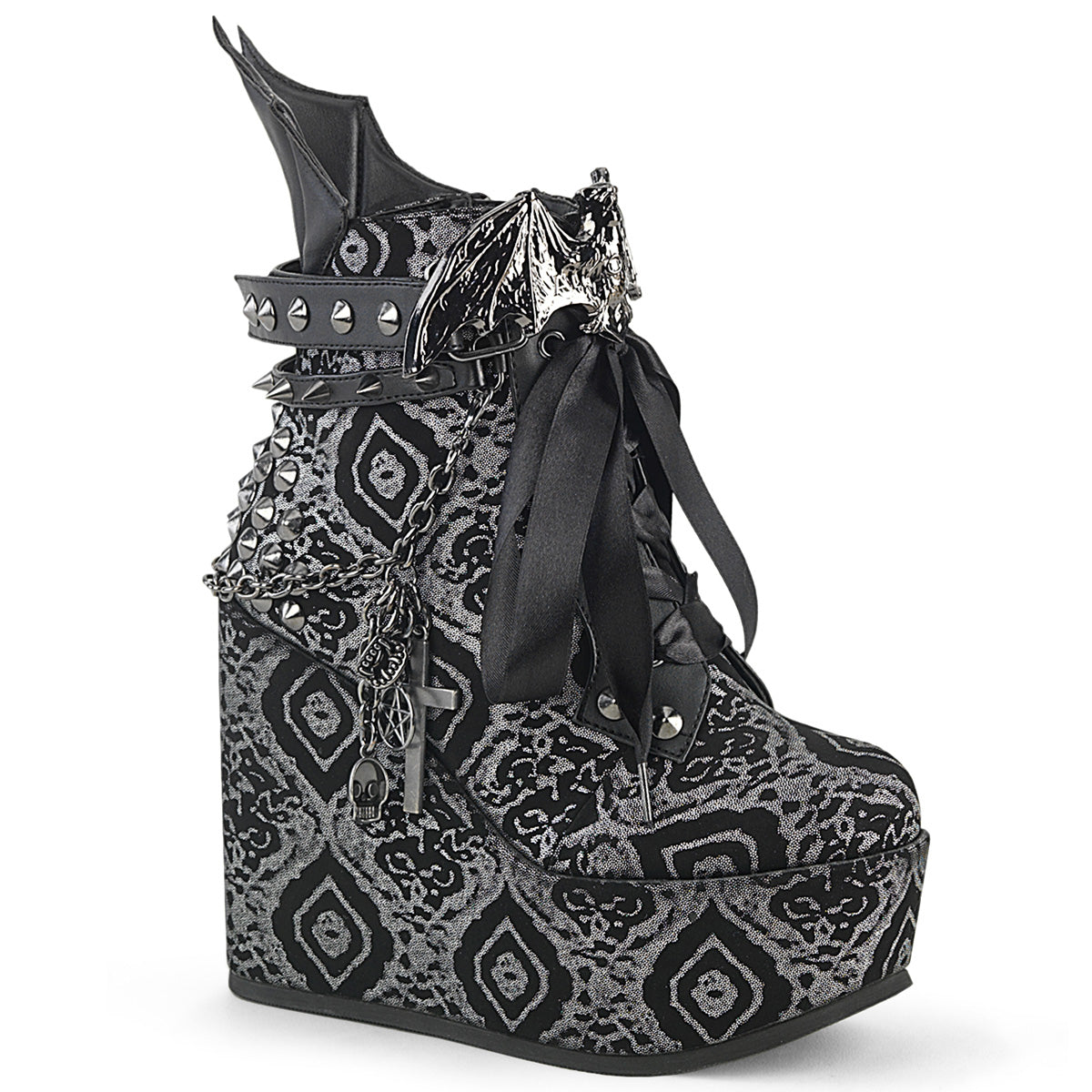 DemoniaCult  Bottines POISON-107 Blk-silver faux cuir nubuck