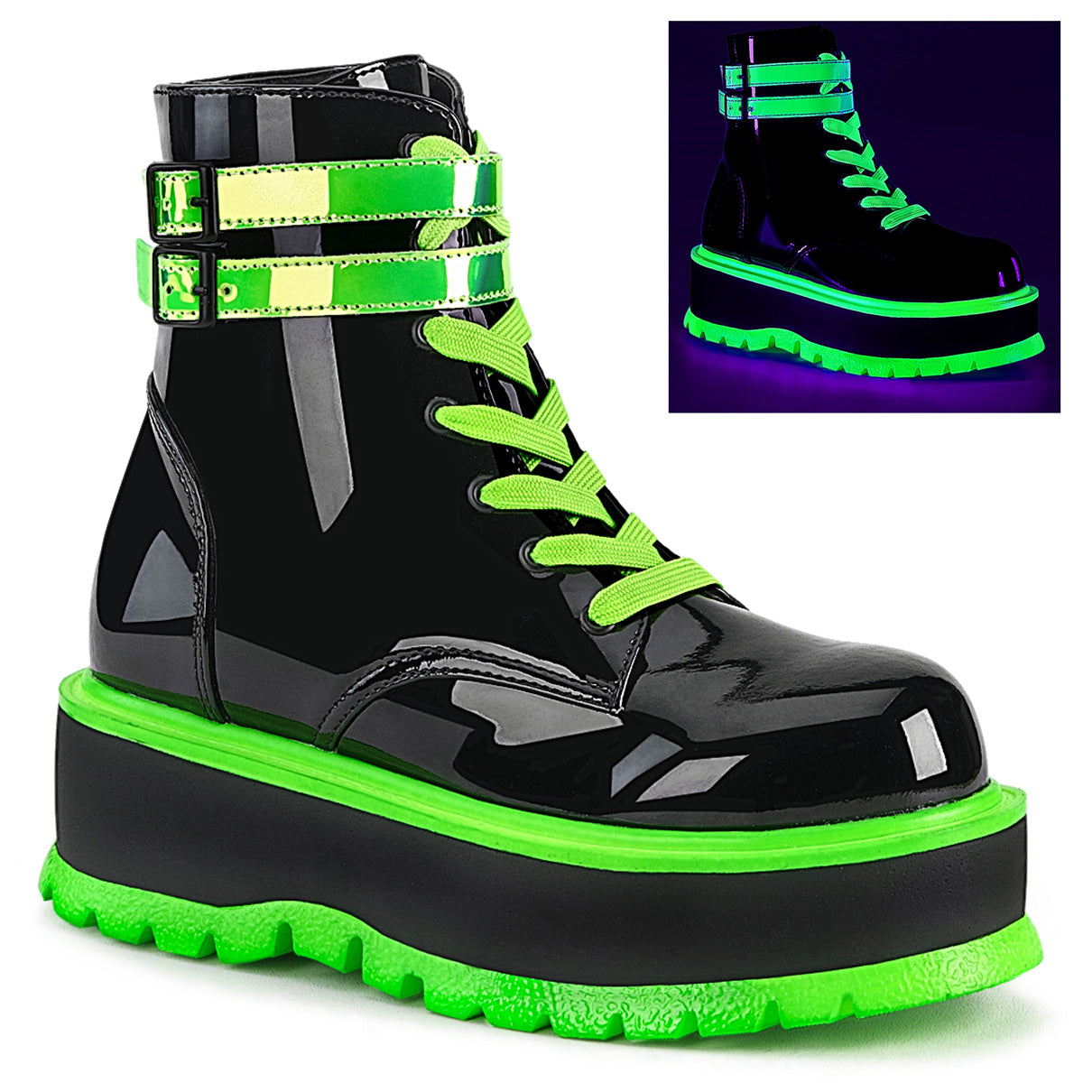 DemoniaCult Bottes de cheville des femmes SLACKER-52 Blk Pat-UV Iridescent Green