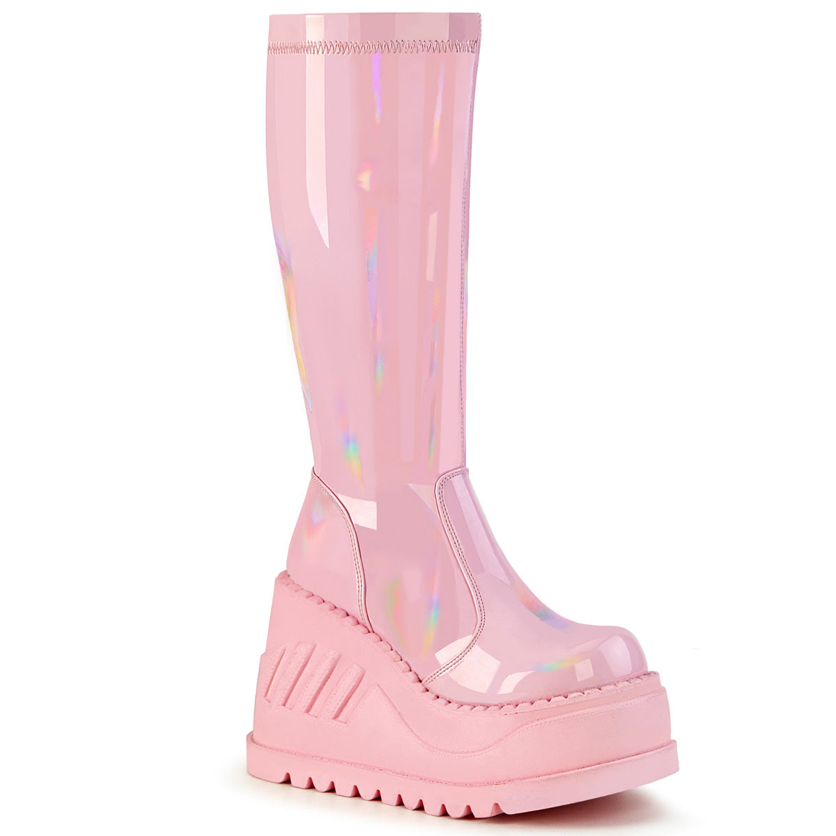 DemoniaCult Womens Boots STOMP-200 B. Pink Hologram Stretch Patent